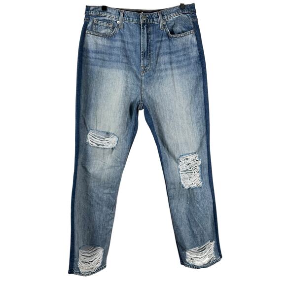 NWT 7 For All Mankind 50/50 Two Tone Distressed High Rise Straight Leg Jeans 32 - Picture 1 of 10